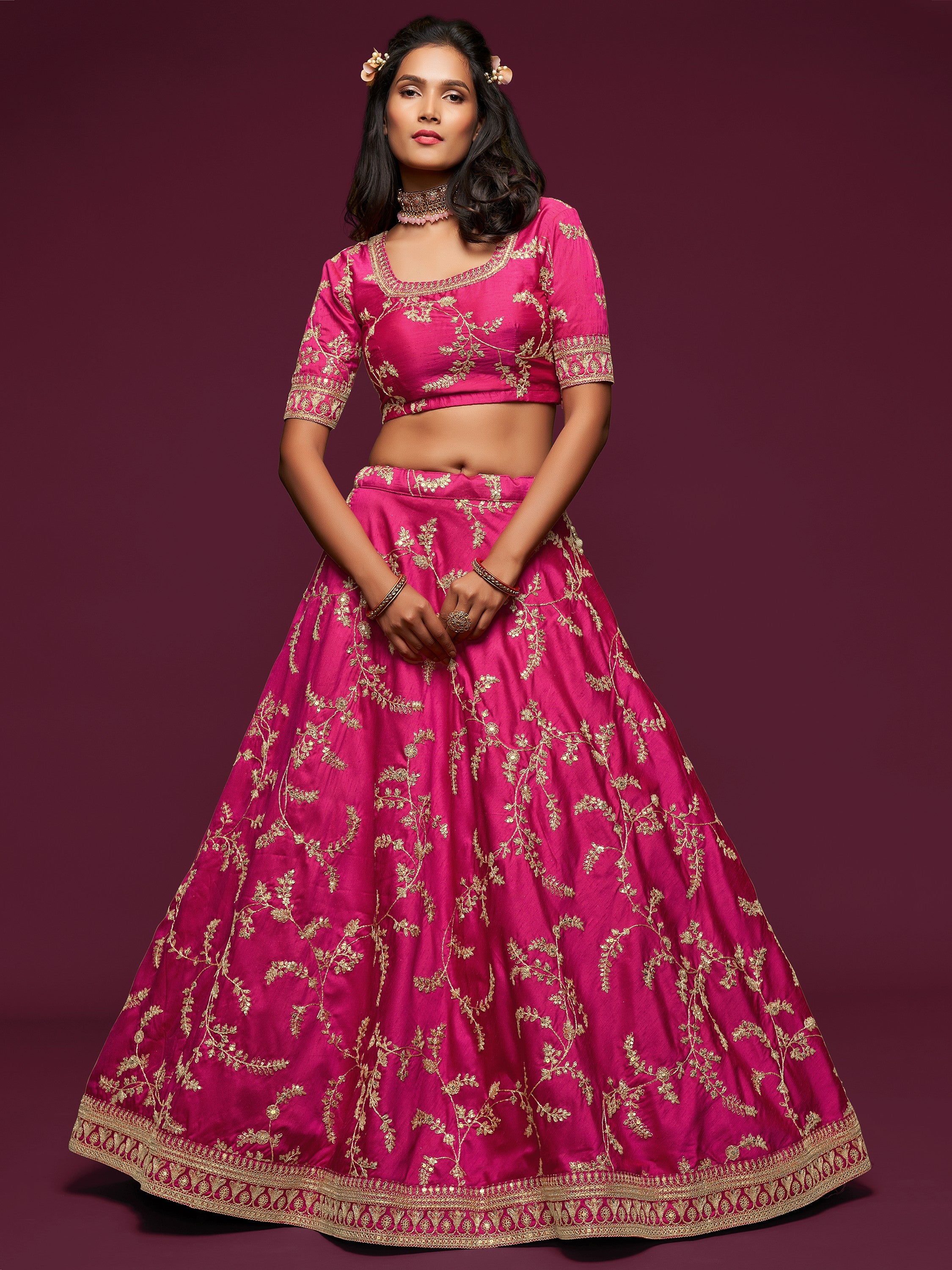 Sparkling Pink Embroidered Silk Wedding Wear Plus Size Lehenga Choli
