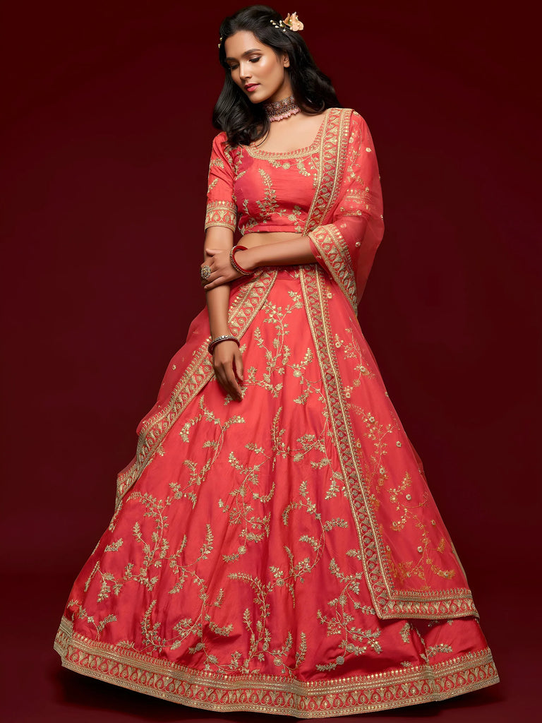 Coral Red Thread Embroidery Art Silk Wedding Wear Lehenga Choli