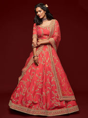 Coral Red Thread Embroidery Art Silk Wedding Wear Lehenga Choli