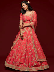 Captivating Red Embroidered Silk Sangeet Wear Plus Size Lehenga Choli