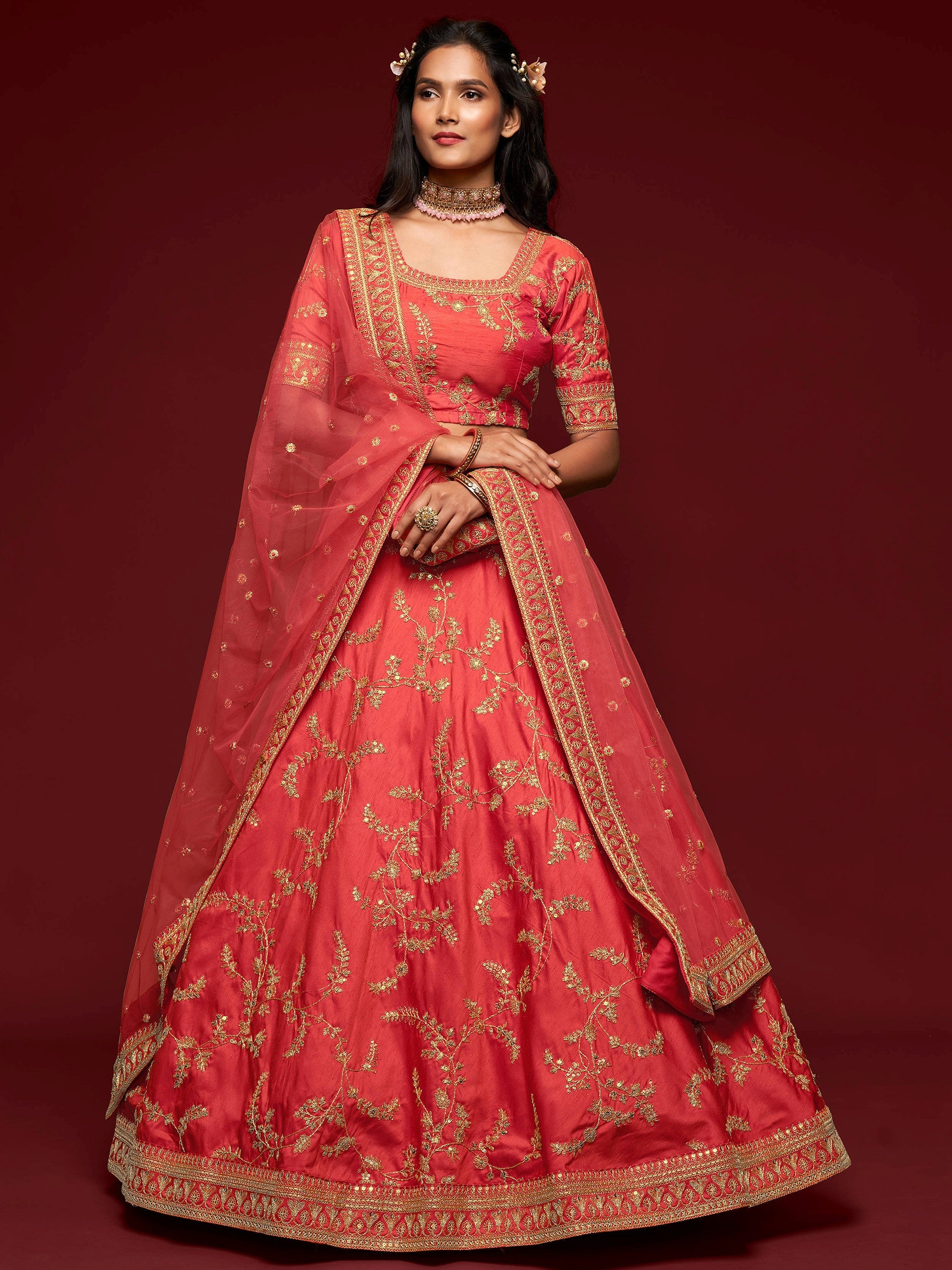 Captivating Red Embroidered Silk Sangeet Wear Plus Size Lehenga Choli