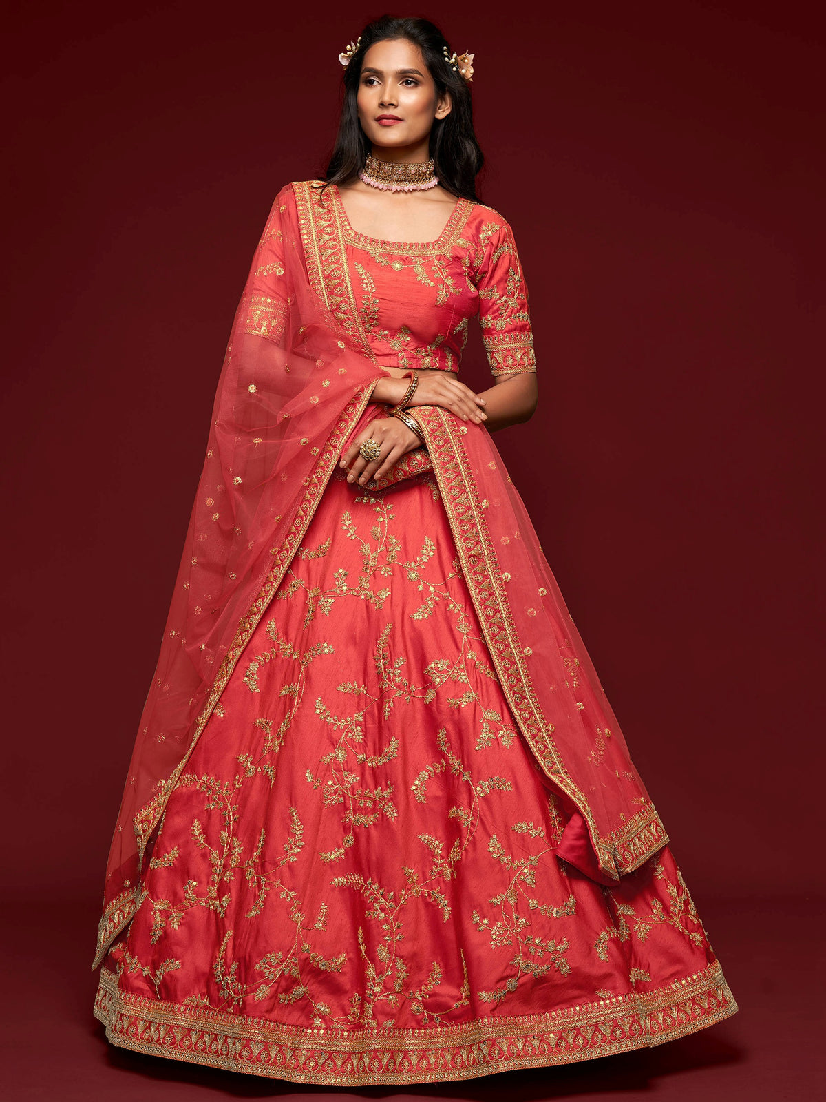 Captivating Red Embroidered Silk Sangeet Wear Plus Size Lehenga Choli
