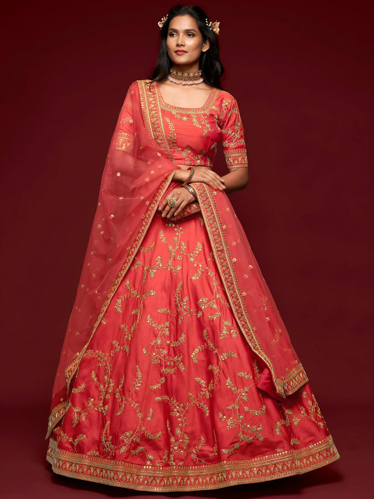 Coral Red Thread Embroidery Art Silk Wedding Wear Lehenga Choli