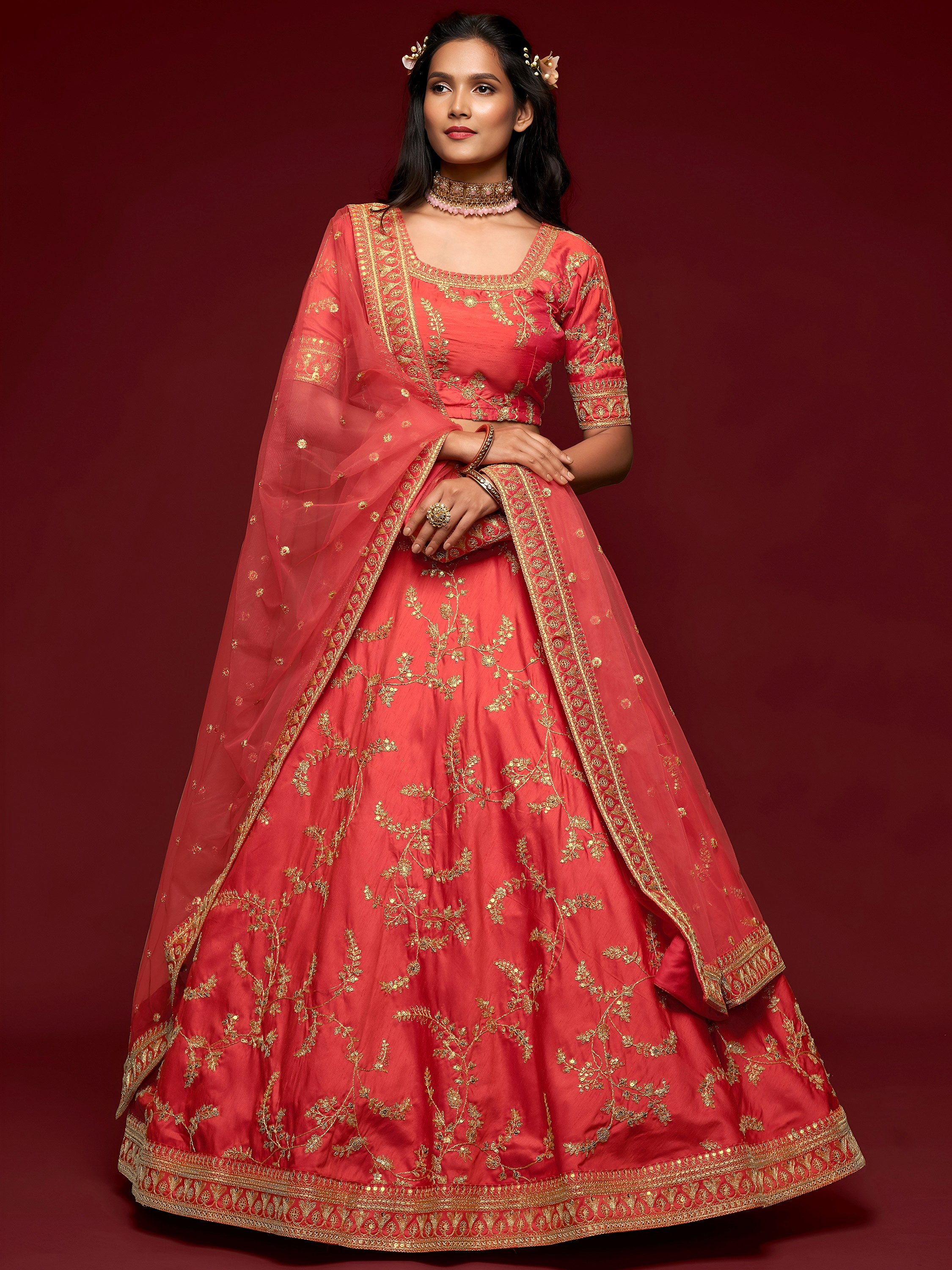 Coral Red Thread Embroidery Art Silk Wedding Wear Lehenga Choli