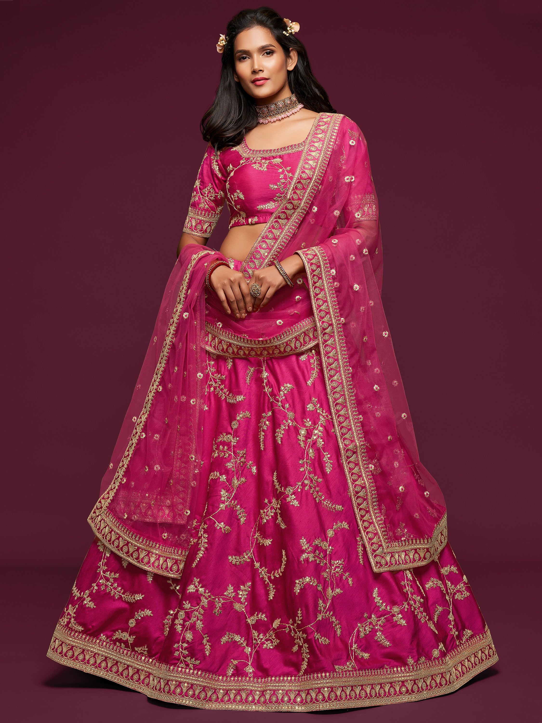 Fantastic Pink Embroidered Silk Wedding Wear Plus Size Lehenga Choli
