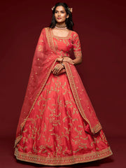Captivating Red Embroidered Silk Sangeet Wear Plus Size Lehenga Choli