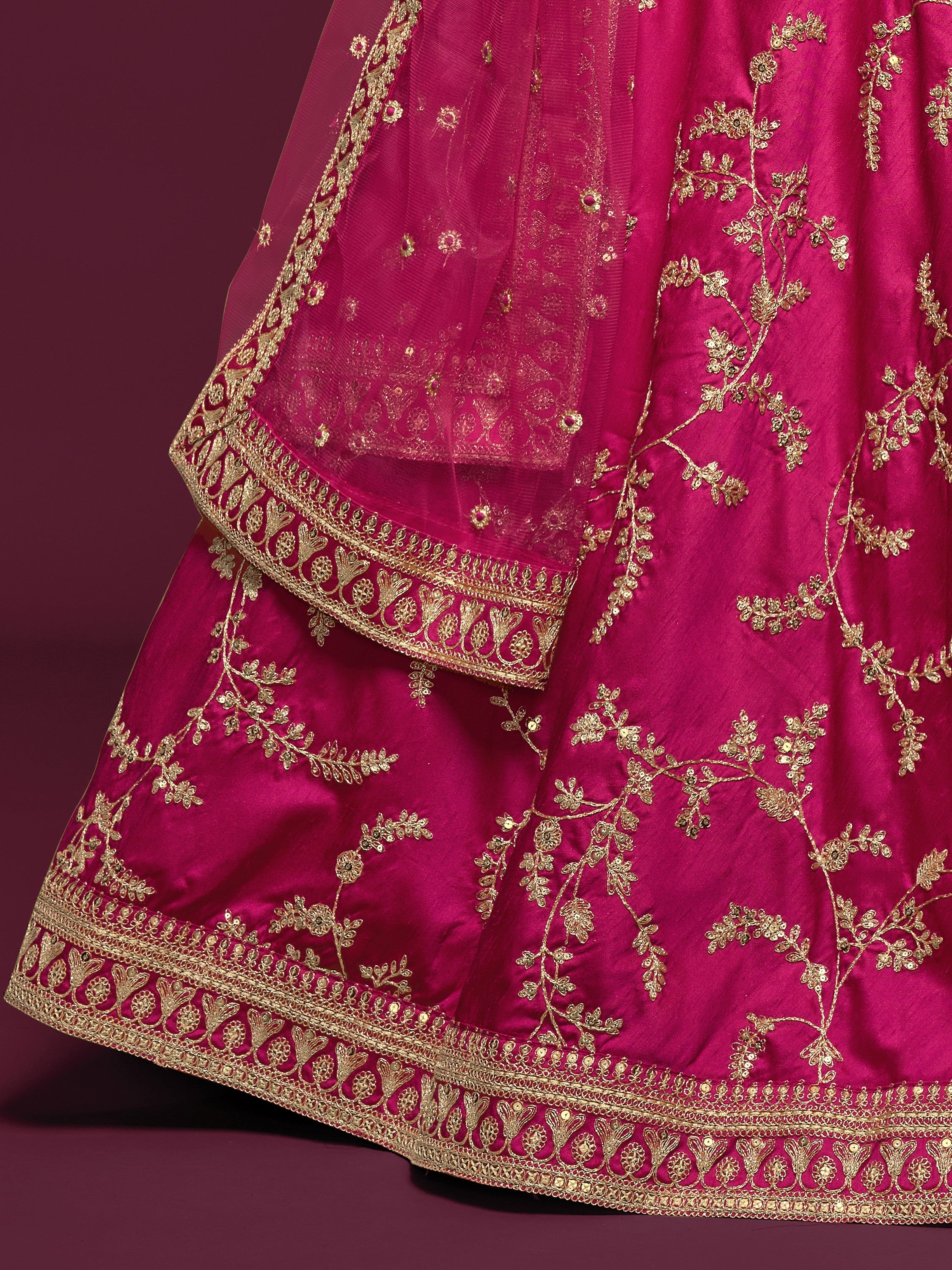 Sparkling Pink Embroidered Silk Wedding Wear Plus Size Lehenga Choli