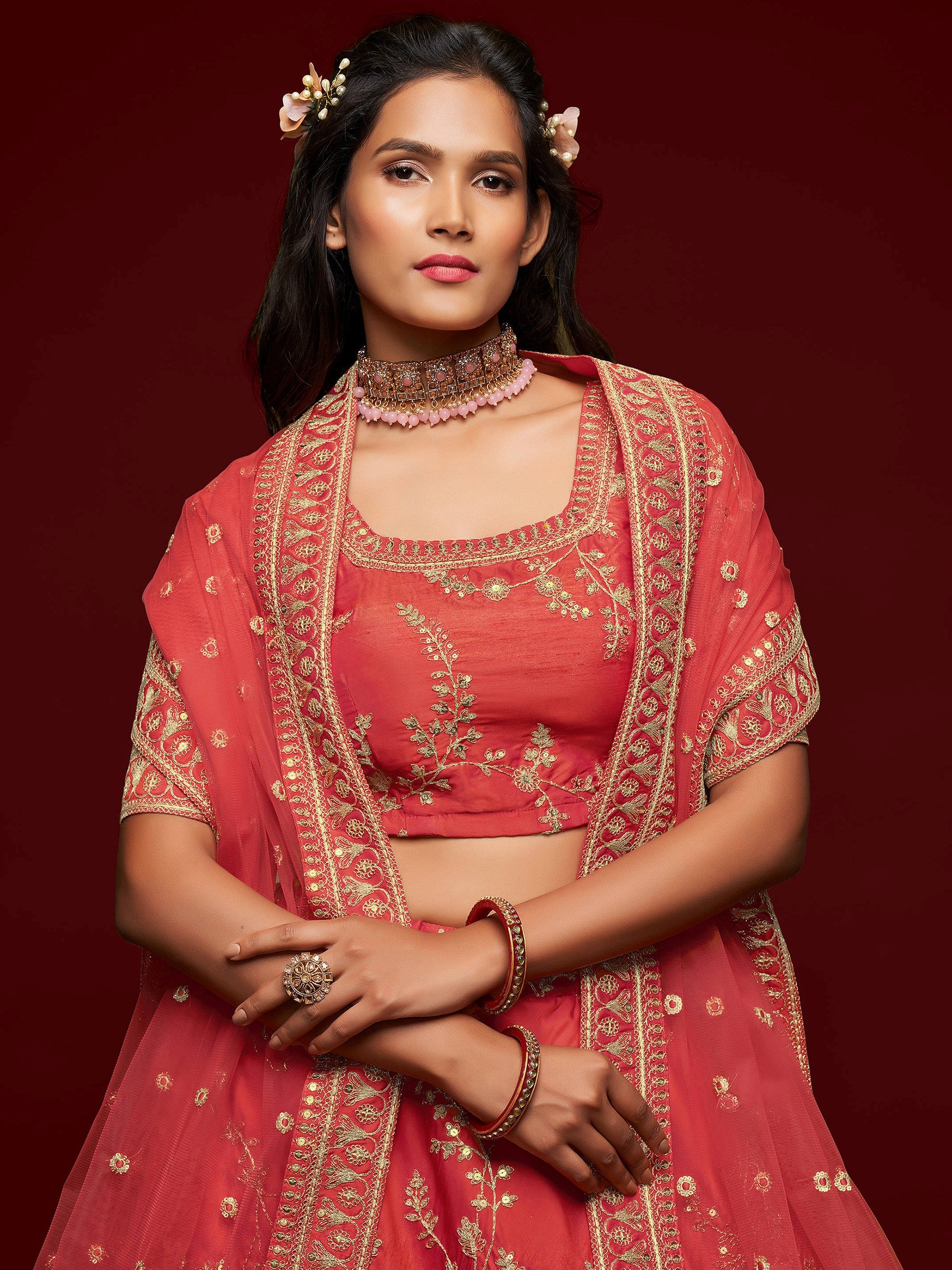 Captivating Red Embroidered Silk Sangeet Wear Plus Size Lehenga Choli