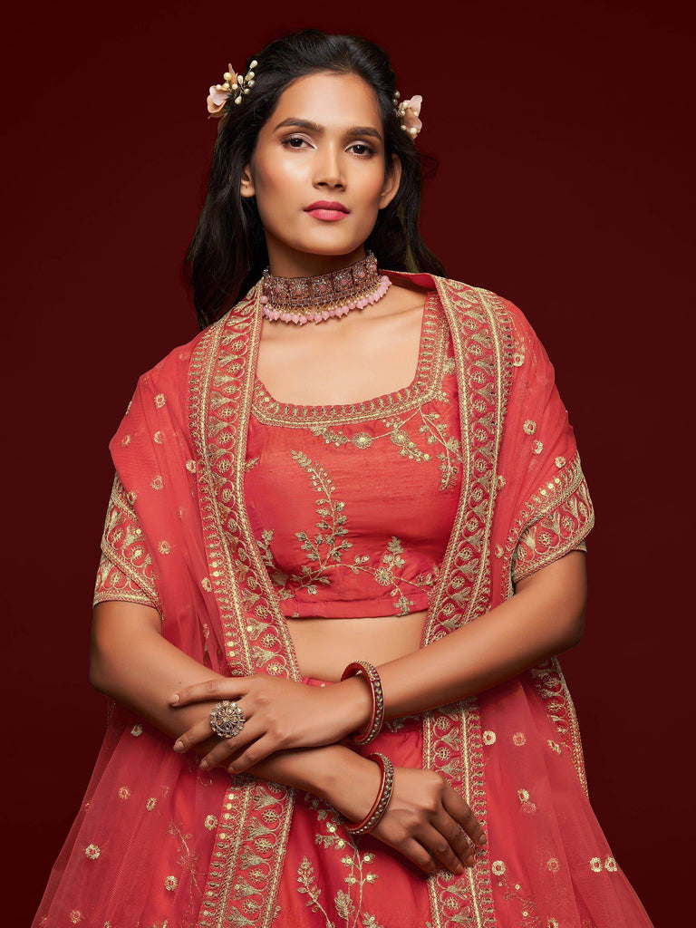 Coral Red Thread Embroidery Art Silk Wedding Wear Lehenga Choli