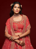 Coral Red Thread Embroidery Art Silk Wedding Wear Lehenga Choli