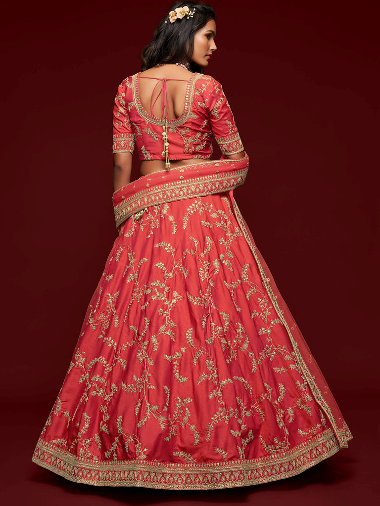 Captivating Red Embroidered Silk Sangeet Wear Plus Size Lehenga Choli