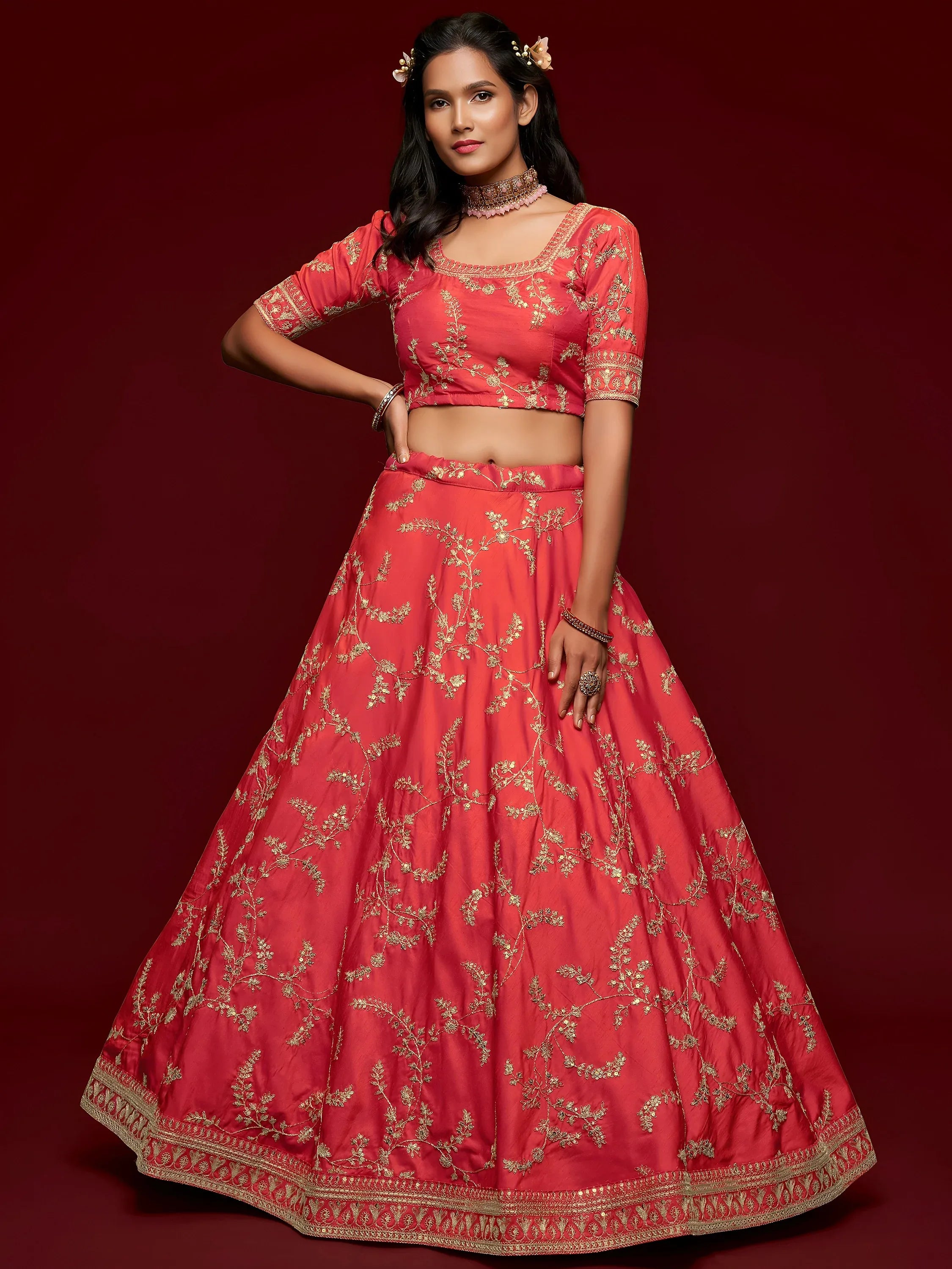 Coral Red Thread Embroidery Art Silk Wedding Wear Lehenga Choli