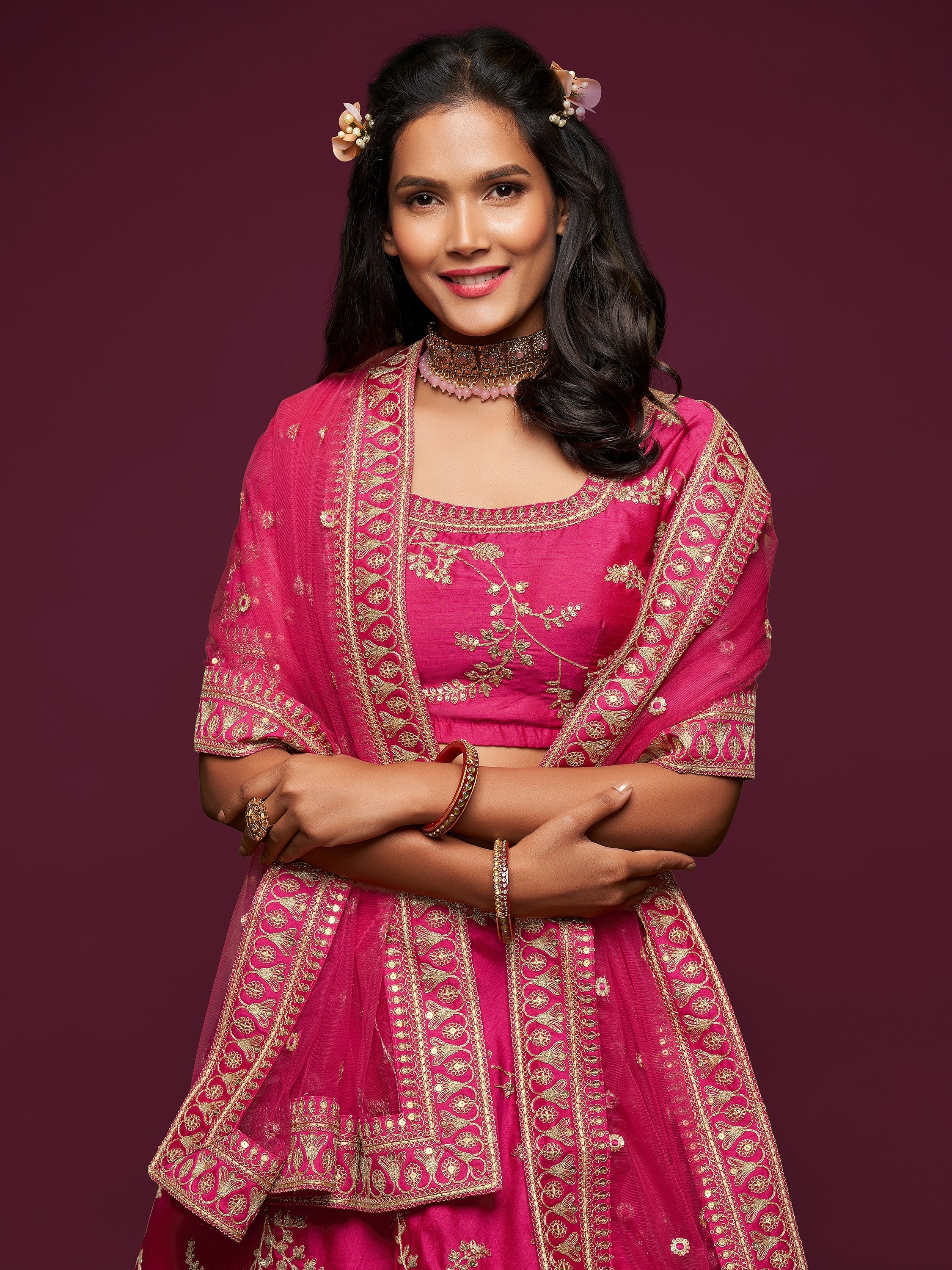 Sparkling Pink Embroidered Silk Wedding Wear Plus Size Lehenga Choli