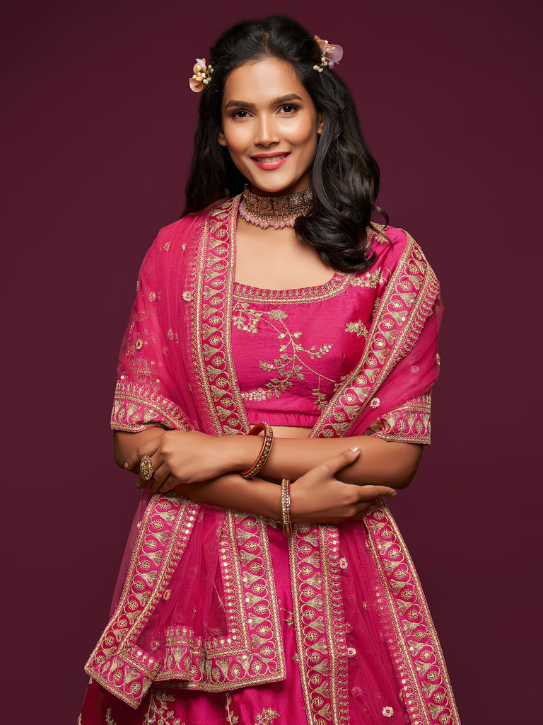 Sparkling Pink Embroidered Silk Wedding Wear Plus Size Lehenga Choli