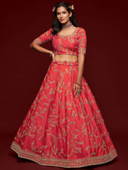 Coral Red Thread Embroidery Art Silk Wedding Wear Lehenga Choli
