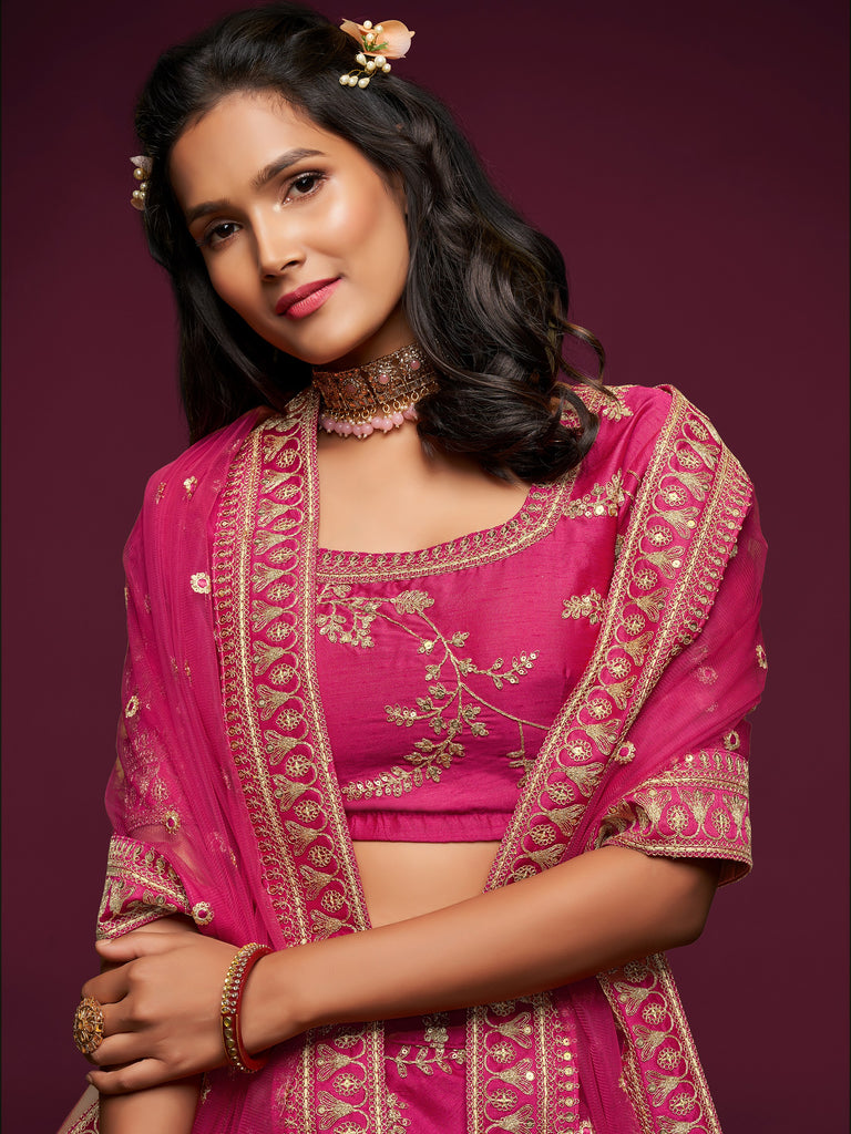 Sparkling Pink Embroidered Silk Wedding Wear Plus Size Lehenga Choli