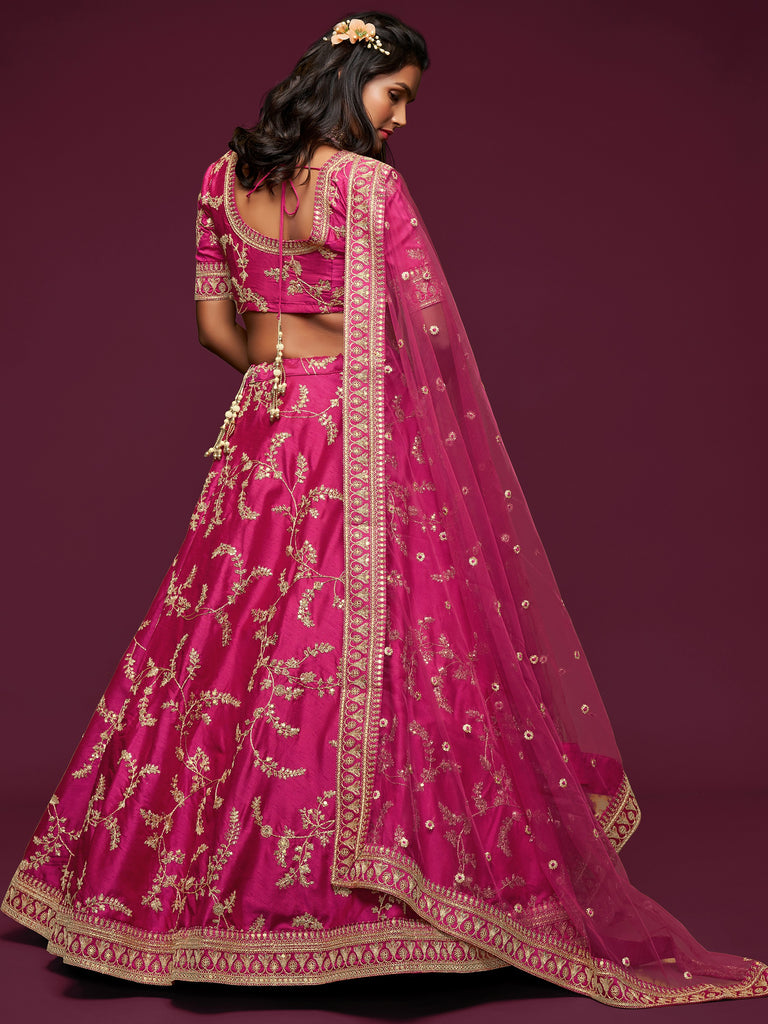 Sparkling Pink Embroidered Silk Wedding Wear Plus Size Lehenga Choli
