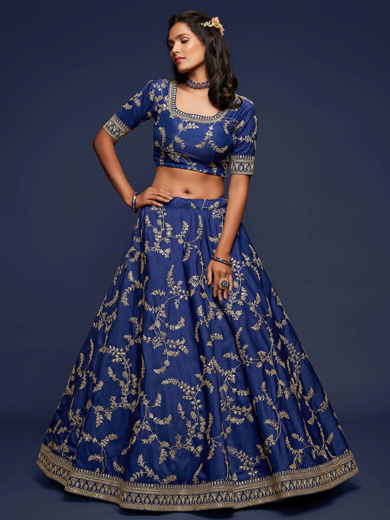 Glowing Blue Embroidered Silk Engagement Wear Plus Size Lehenga Choli