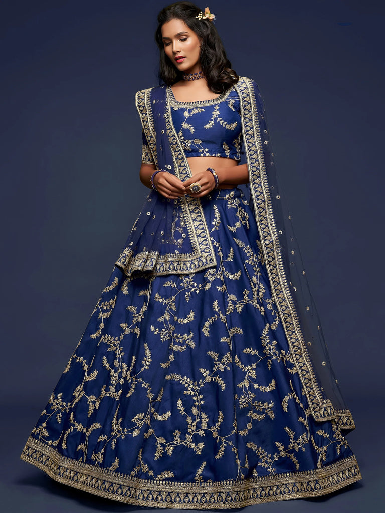Blue Thread Embroidery Art Silk Wedding Wear Lehenga Choli