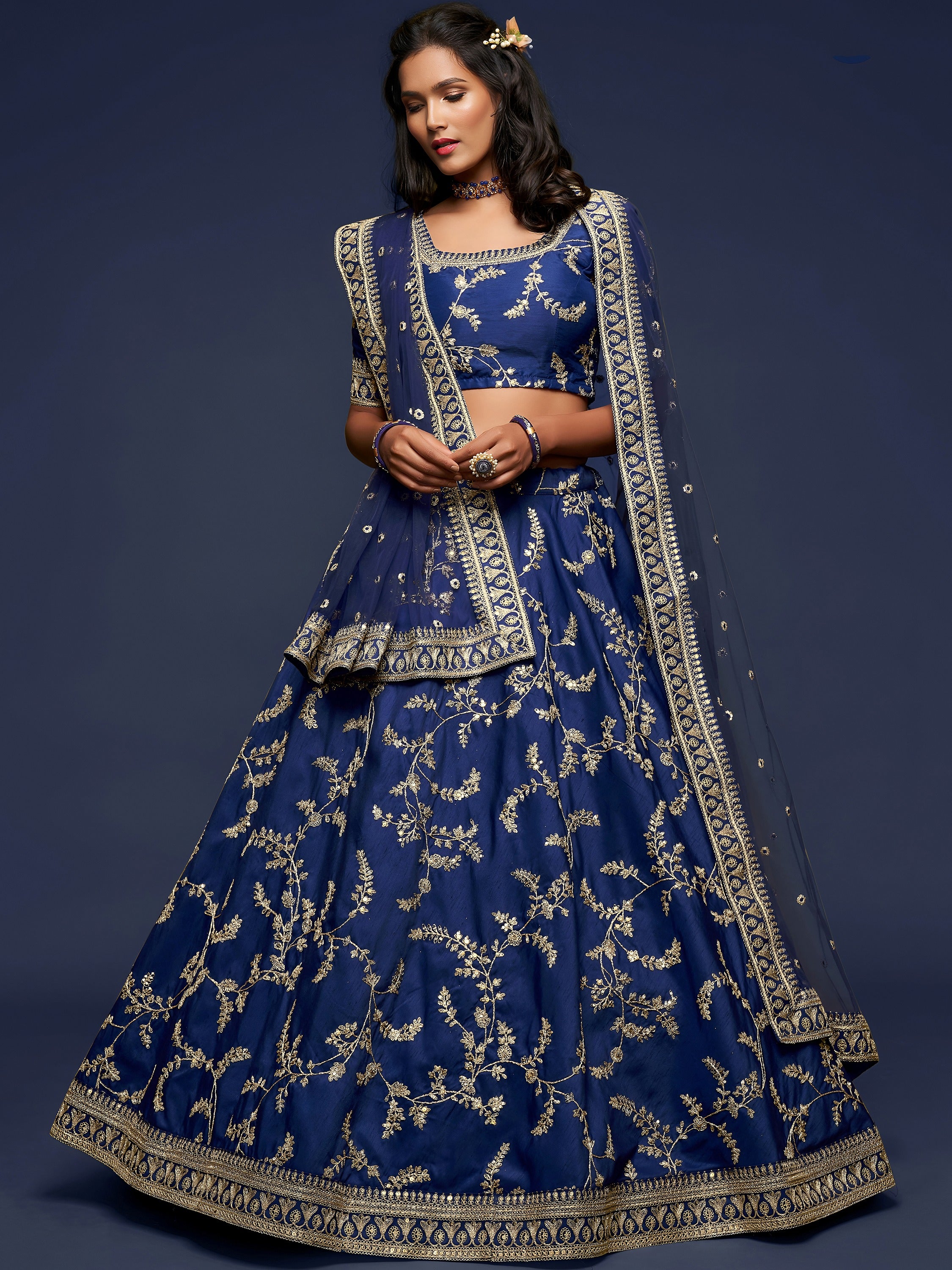 Blue Thread Embroidery Art Silk Wedding Wear Lehenga Choli