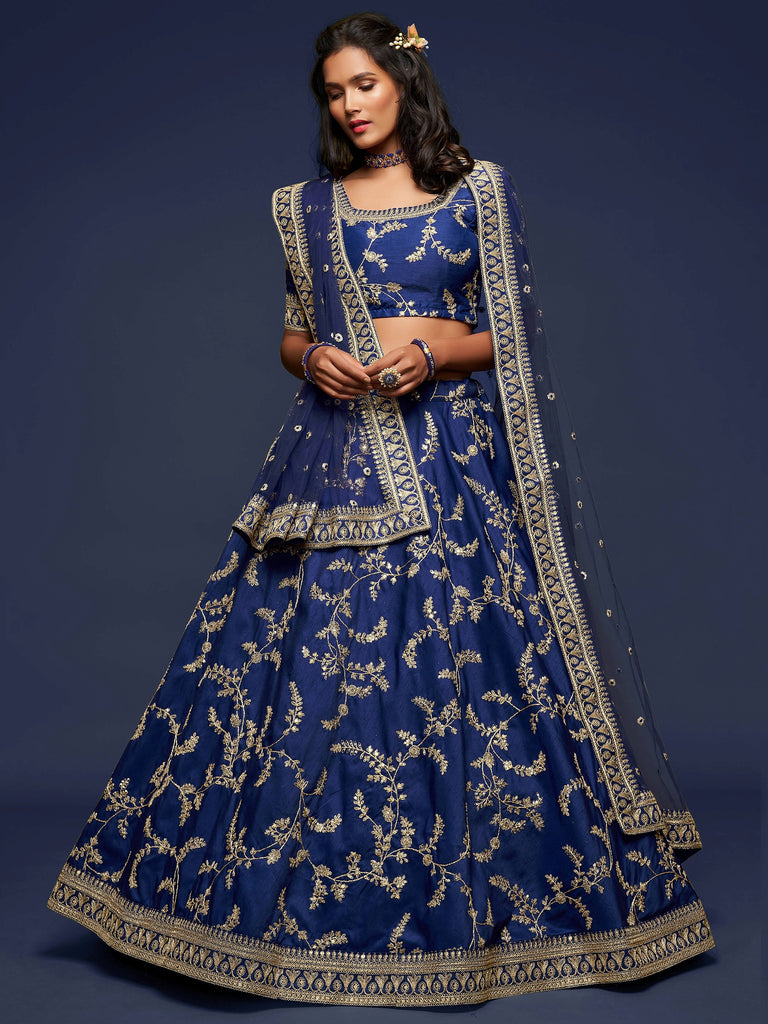 Glowing Blue Embroidered Silk Engagement Wear Plus Size Lehenga Choli