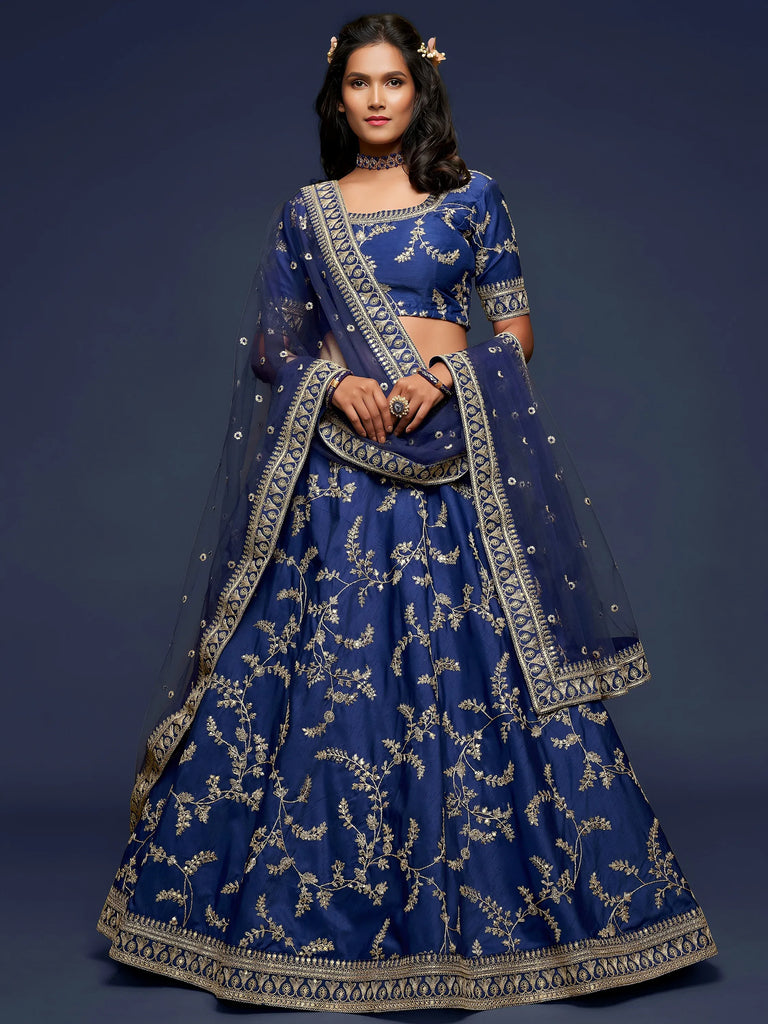 Blue Thread Embroidery Art Silk Wedding Wear Lehenga Choli