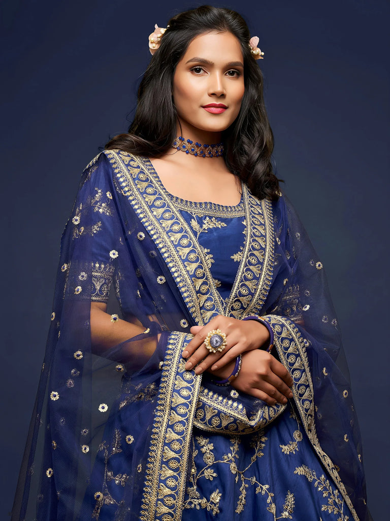 Blue Thread Embroidery Art Silk Wedding Wear Lehenga Choli
