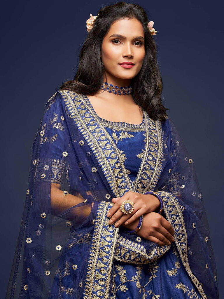 Blue Thread Embroidery Art Silk Wedding Wear Lehenga Choli