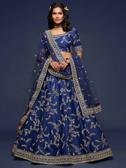 Glowing Blue Embroidered Silk Engagement Wear Plus Size Lehenga Choli