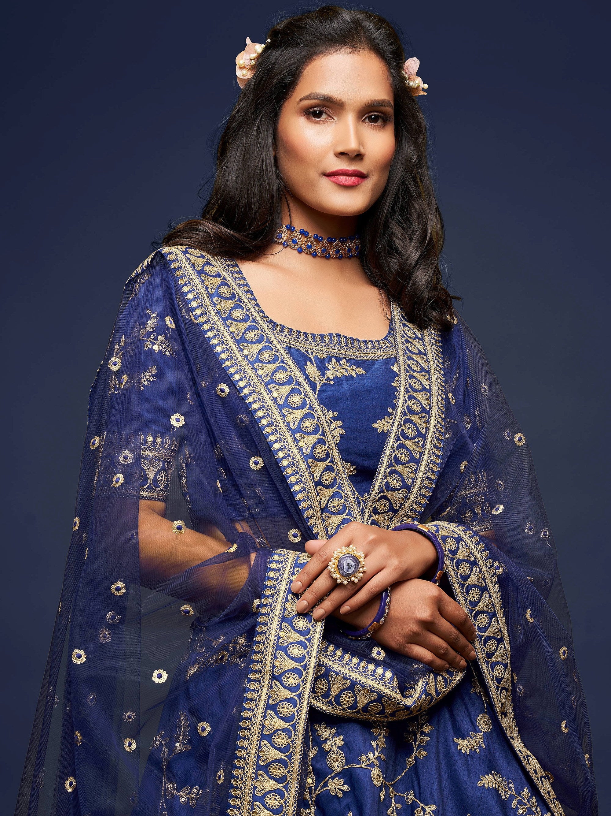 Glowing Blue Embroidered Silk Engagement Wear Plus Size Lehenga Choli