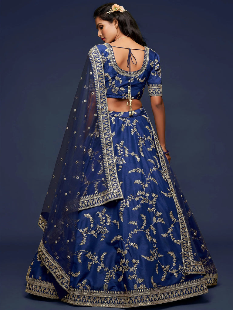 Blue Thread Embroidery Art Silk Wedding Wear Lehenga Choli