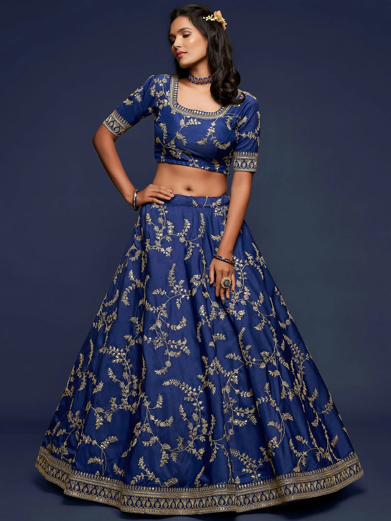 Blue Thread Embroidery Art Silk Wedding Wear Lehenga Choli