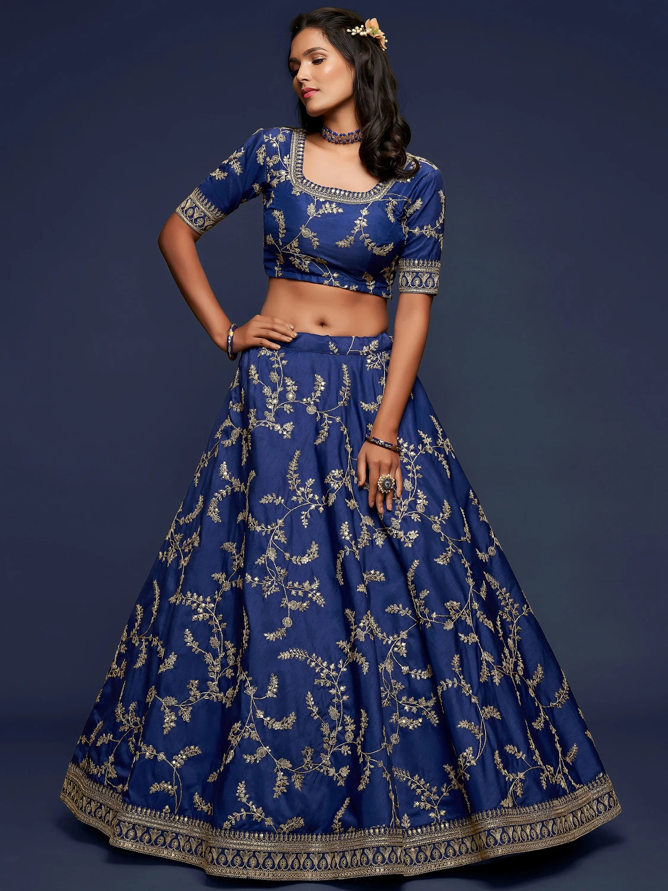 Blue Thread Embroidery Art Silk Wedding Wear Lehenga Choli