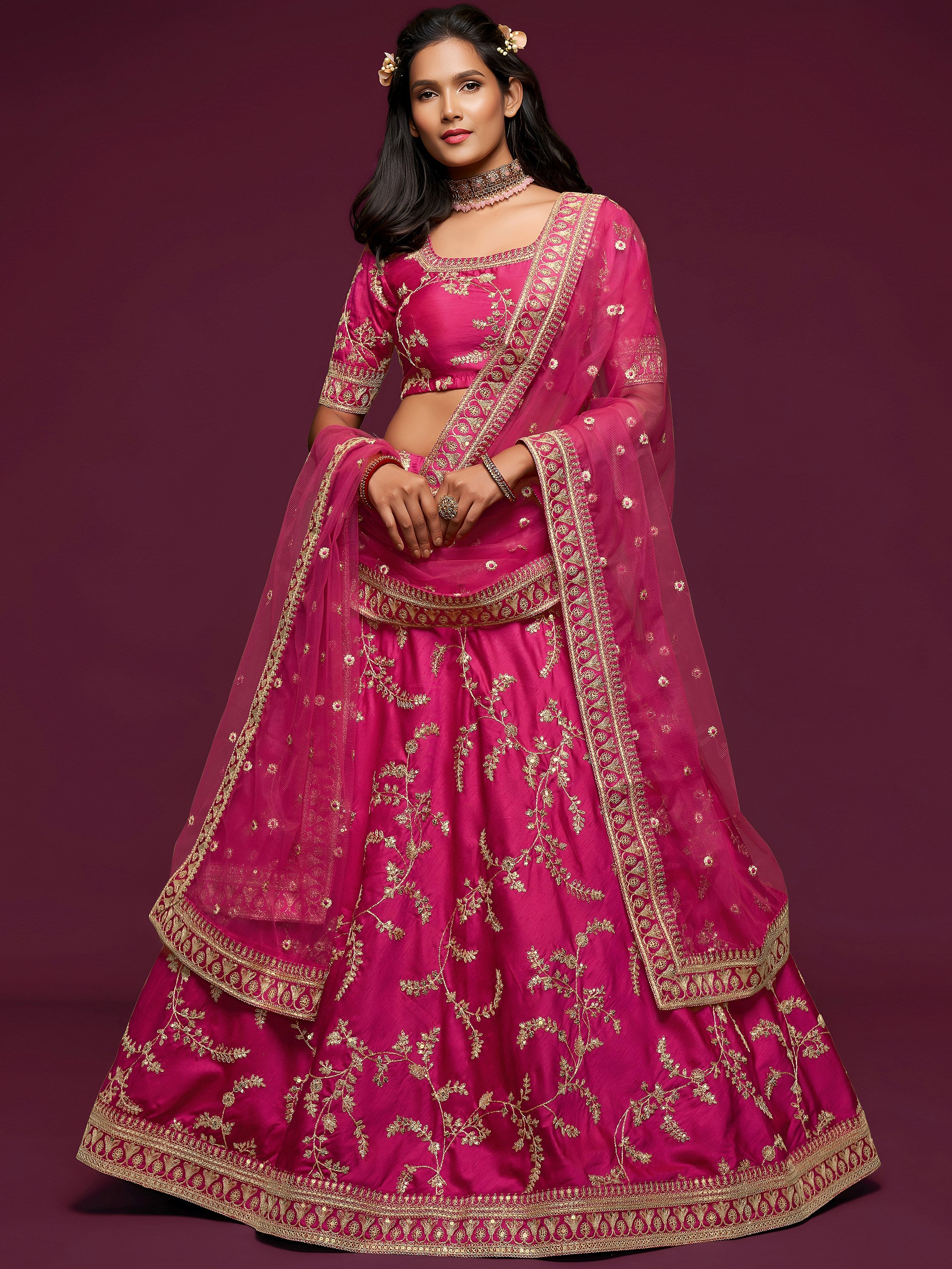 Fantastic Pink Embroidered Silk Wedding Wear Plus Size Lehenga Choli
