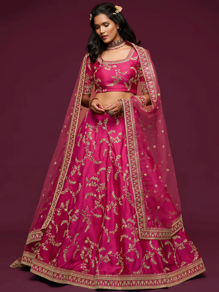 Pink Thread Embroidery Art Silk Wedding Wear Lehenga Choli