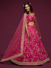 Pink Thread Embroidery Art Silk Wedding Wear Lehenga Choli