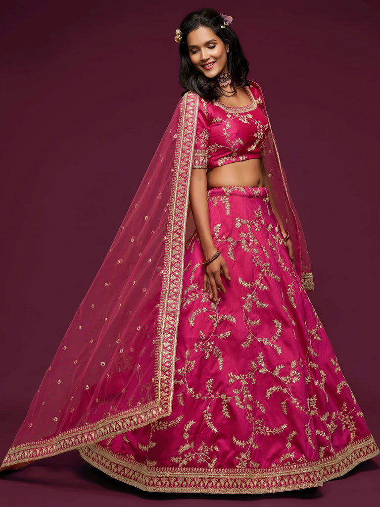 Pink Thread Embroidery Art Silk Wedding Wear Lehenga Choli