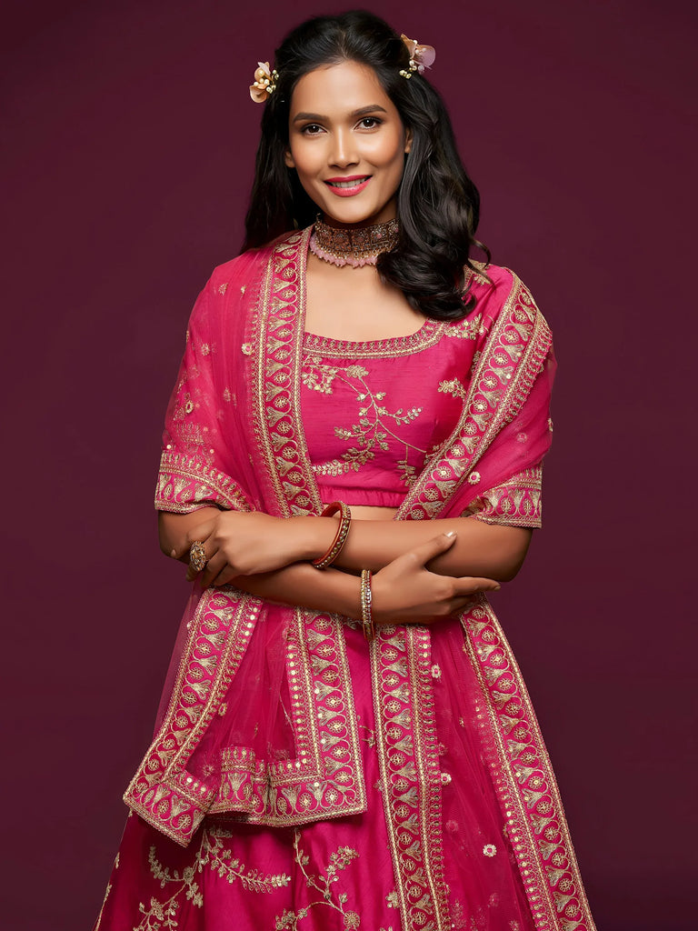Pink Thread Embroidery Art Silk Wedding Wear Lehenga Choli