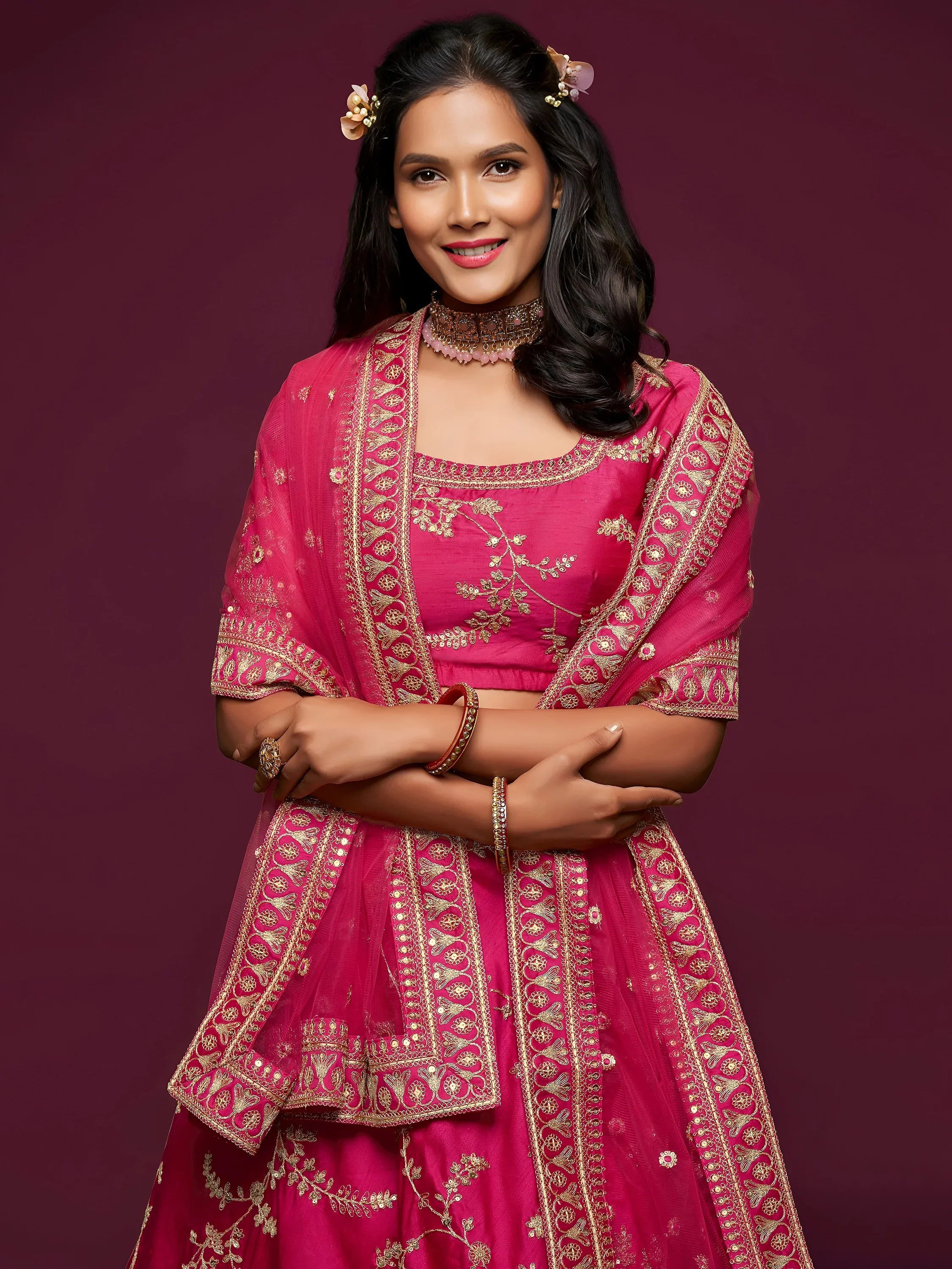 Pink Thread Embroidery Art Silk Wedding Wear Lehenga Choli