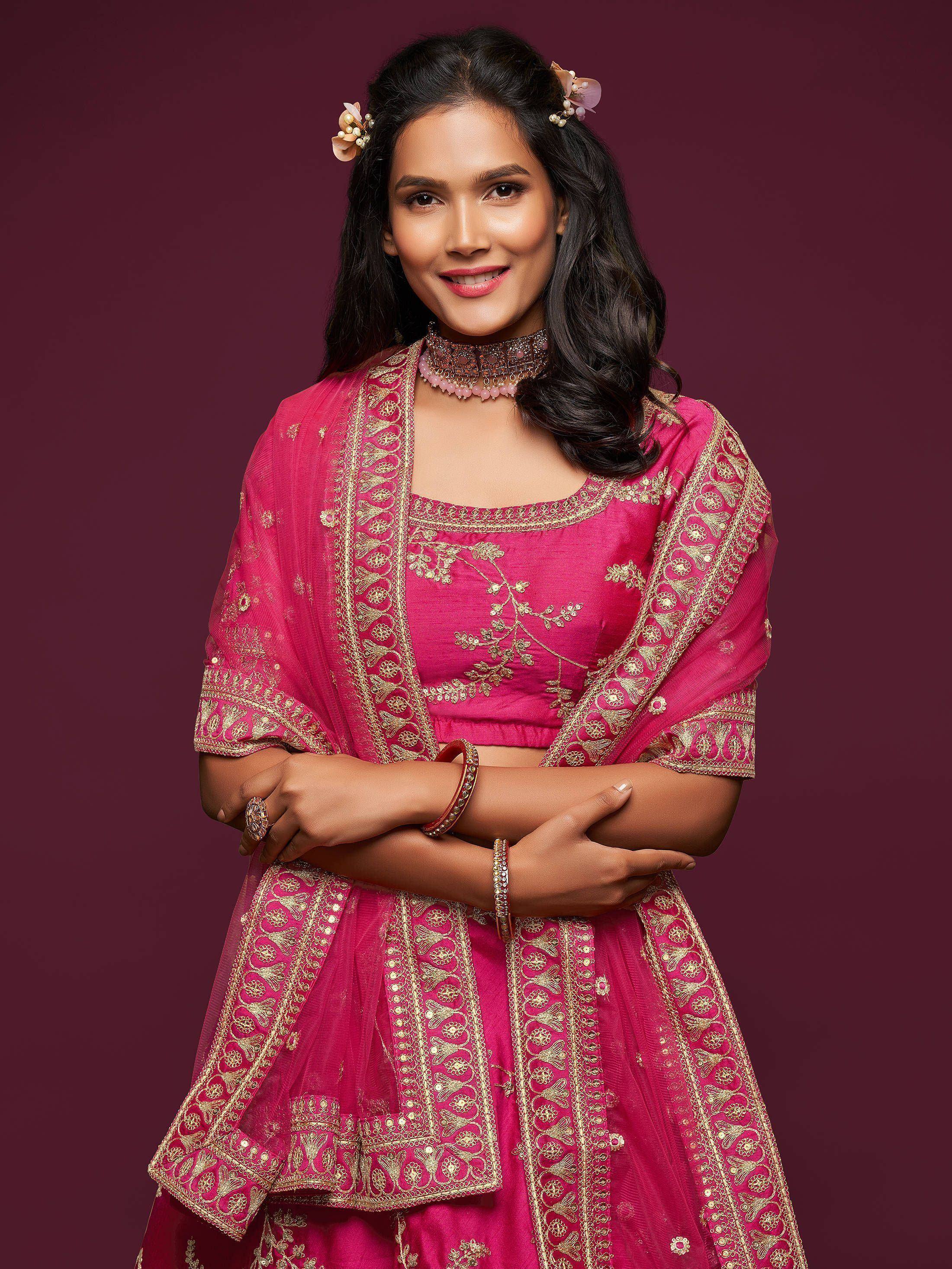 Pink Thread Embroidery Art Silk Wedding Wear Lehenga Choli
