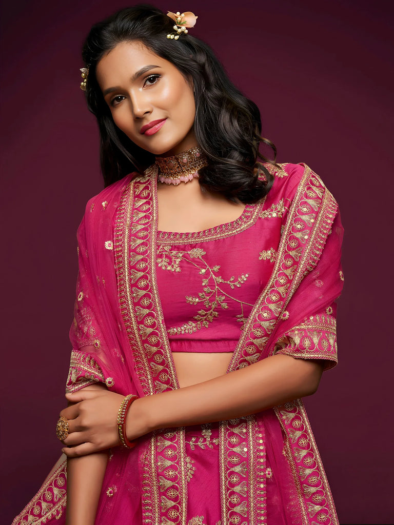 Pink Thread Embroidery Art Silk Wedding Wear Lehenga Choli