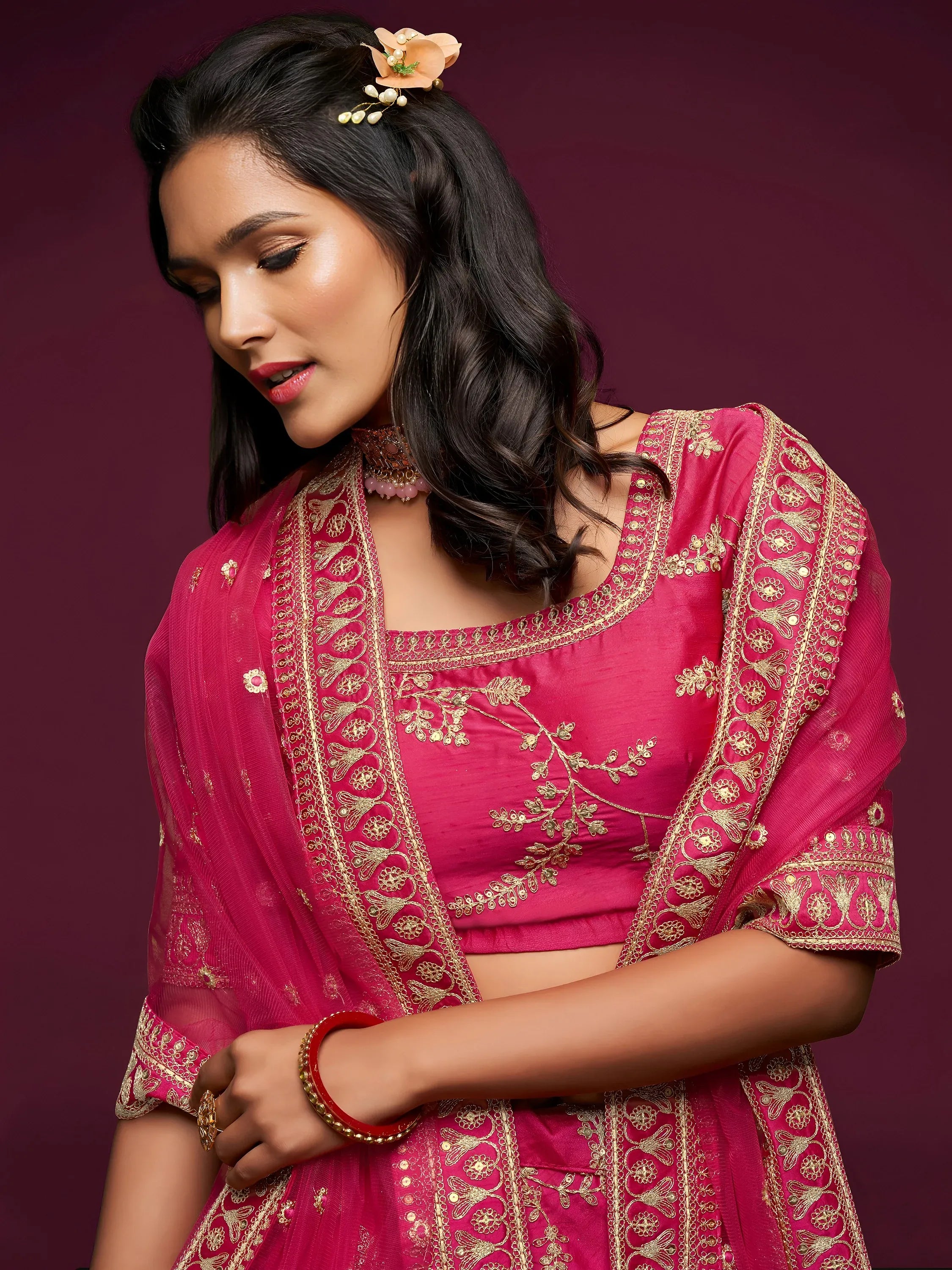 Pink Thread Embroidery Art Silk Wedding Wear Lehenga Choli