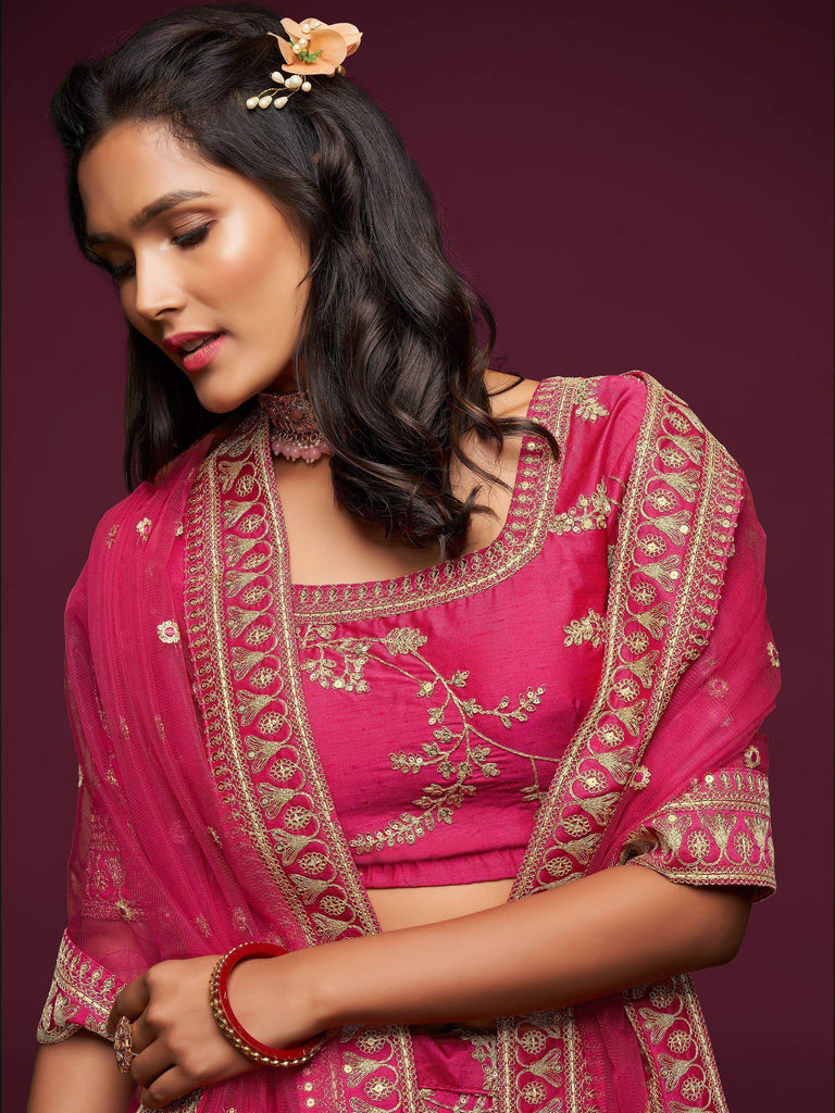 Pink Thread Embroidery Art Silk Wedding Wear Lehenga Choli