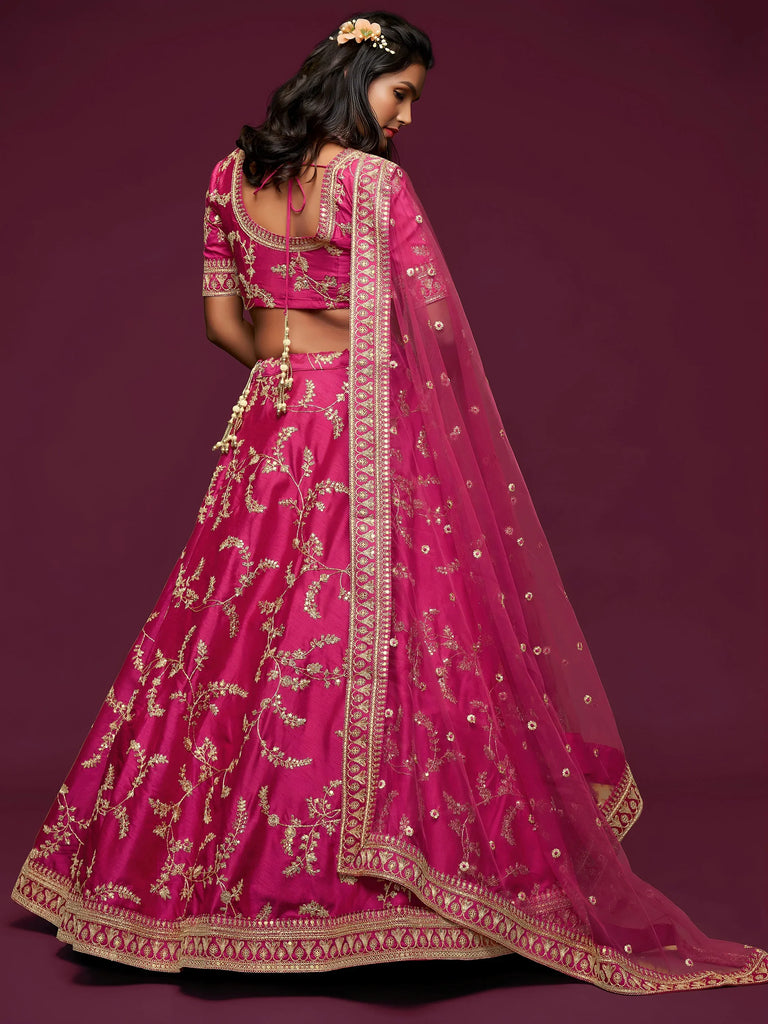 Pink Thread Embroidery Art Silk Wedding Wear Lehenga Choli