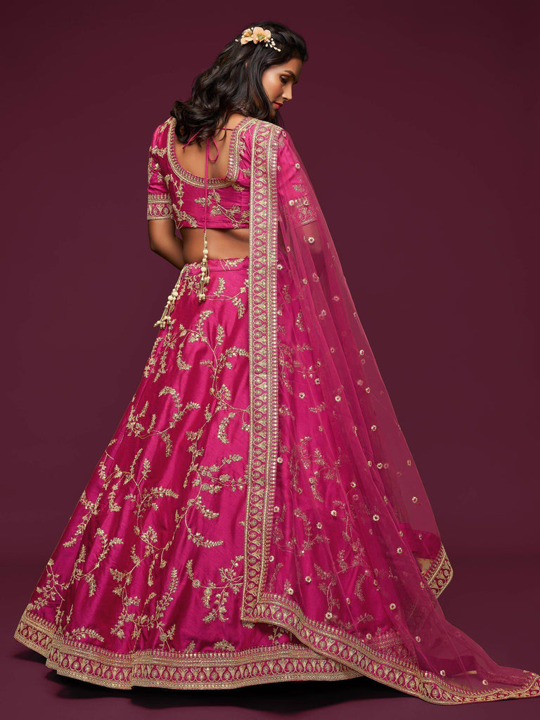 Pink Thread Embroidery Art Silk Wedding Wear Lehenga Choli