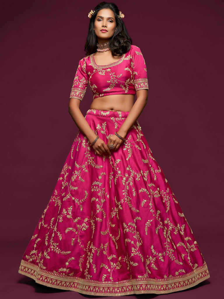 Pink Thread Embroidery Art Silk Wedding Wear Lehenga Choli