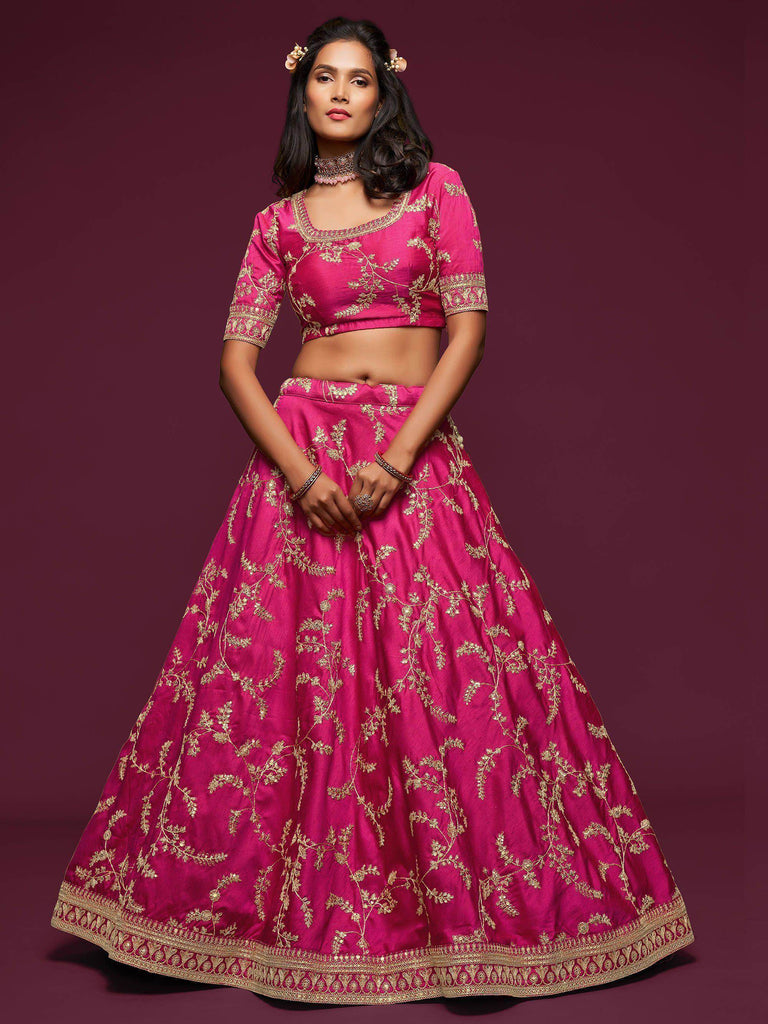 Pink Thread Embroidery Art Silk Wedding Wear Lehenga Choli