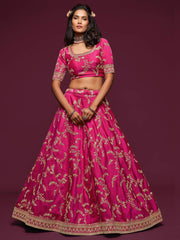Pink Thread Embroidery Art Silk Wedding Wear Lehenga Choli