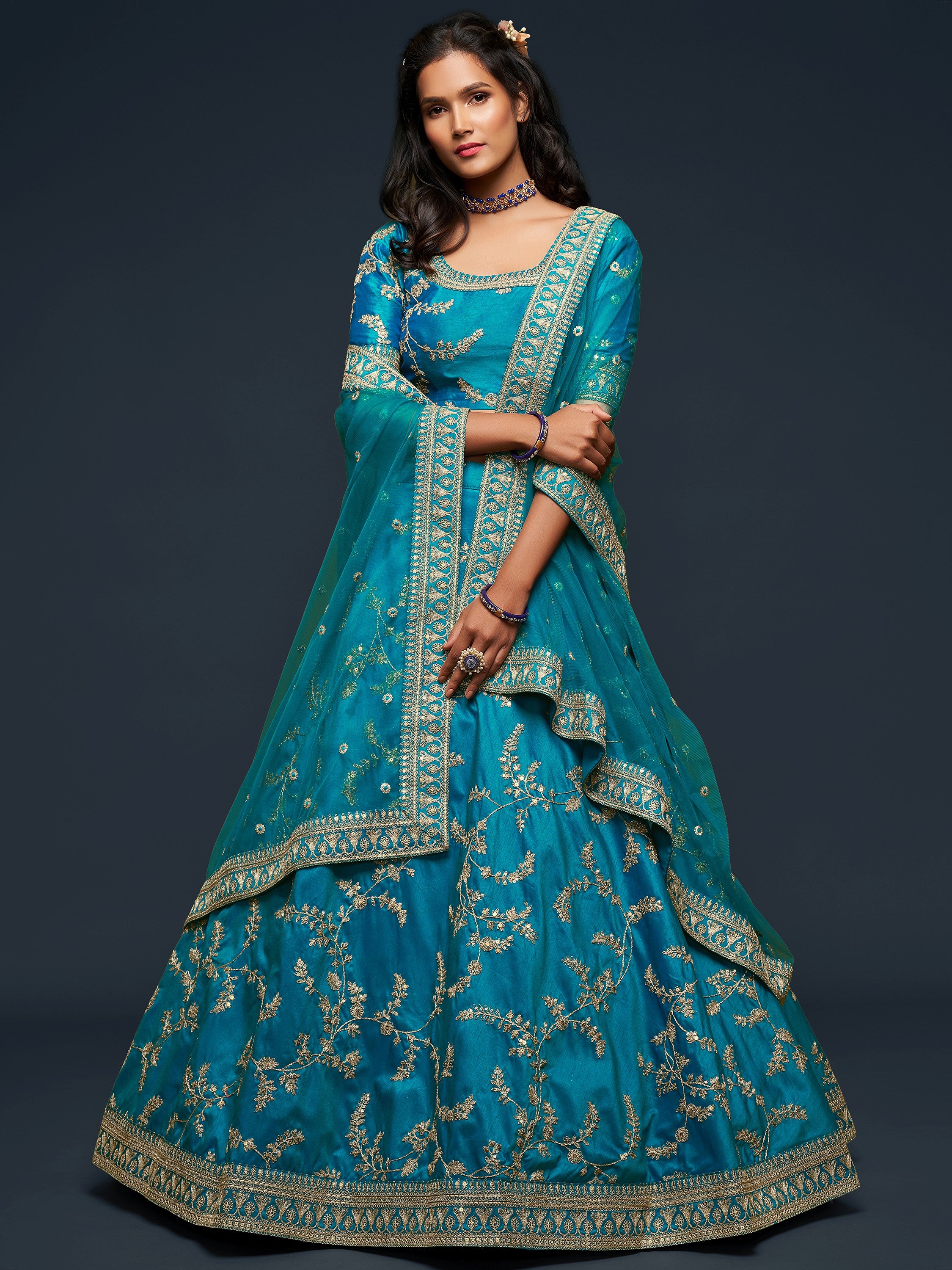 Fantastic Blue Embroidered Silk Function Wear Plus Size Lehenga Choli