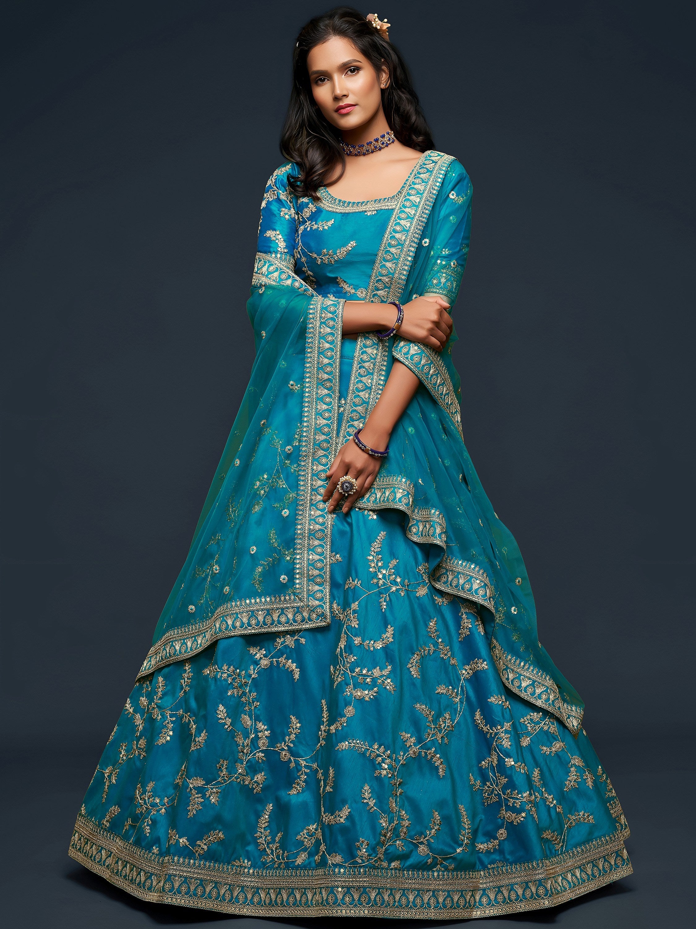 Teal Blue Thread Embroidery Art Silk Wedding Wear Lehenga Choli